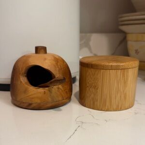 2 Wooden Salt Cellars 1 Olive wood with a Spoon. 1 bamboo with a swivel lid